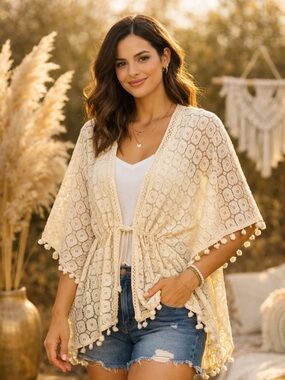 Marca Amit Cream Crochet Pom-Trim Beach Boho Swim Cover Up Kimono Casual 1 size